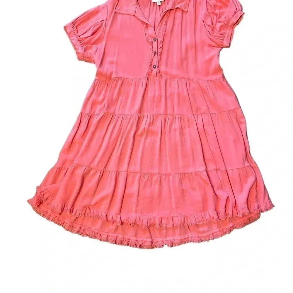 Umgee Pink/Coralish Aline Womens Medium Aline dress Collar Neck Fray Hem EUC